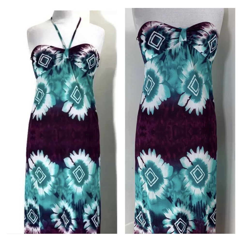 Summer Maxi Dress Bandeau Halter Top Multicoloured Stretch Green Purple L 10-12 - Picture 1 of 8